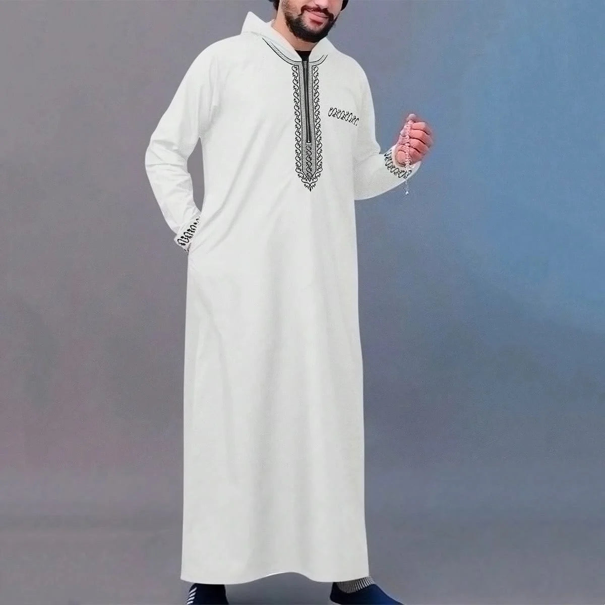 Marokkanische Robe mit Kapuze, luxuriöse Herren-Robe mit bestickten Ärmeln und langen Taschen, muslimisches Kleidungsstück, Abaya für den Nahen Osten, Juba Thobe-Robe