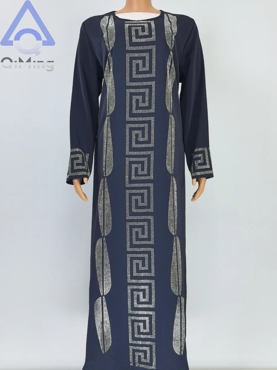 Frau Günstige Elegante Abaya Strass 2 Stück Afrikanische Traditionelle Muslimische Diamant Kleider Dubai Plus Größe Marocain Jalabiya Blaue Robe