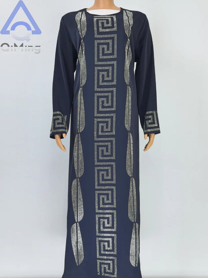 Frau Günstige Elegante Abaya Strass 2 Stück Afrikanische Traditionelle Muslimische Diamant Kleider Dubai Plus Größe Marocain Jalabiya Blaue Robe
