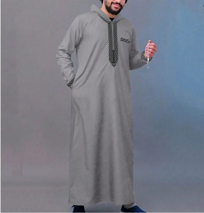 Marokkanische Robe mit Kapuze, luxuriöse Herren-Robe mit bestickten Ärmeln und langen Taschen, muslimisches Kleidungsstück, Abaya für den Nahen Osten, Juba Thobe-Robe