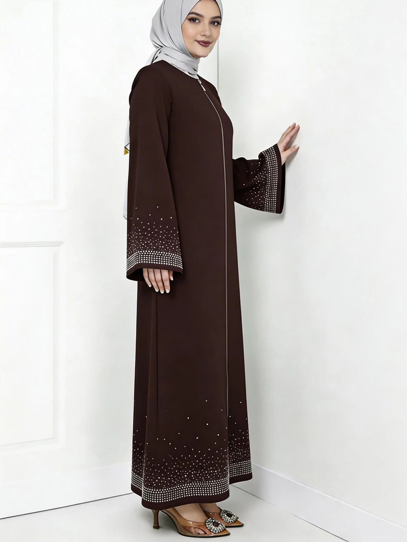 Middle Eastern Arabian Women Elegant Dress Long Sleeve Star Rhinestone Loose Solid Color