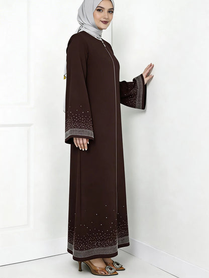 Middle Eastern Arabian Women Elegant Dress Long Sleeve Star Rhinestone Loose Solid Color