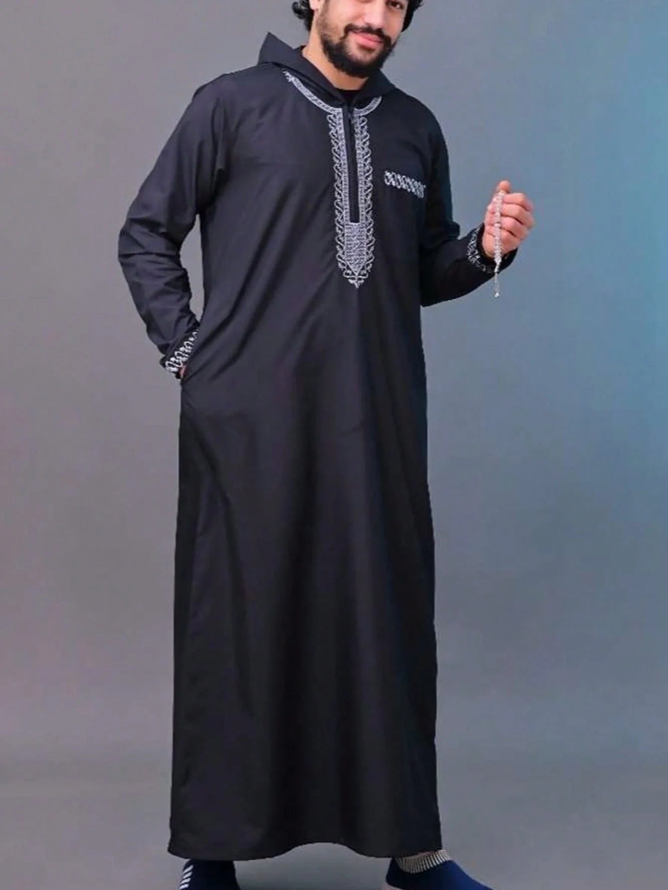 Marokkanische Robe mit Kapuze, luxuriöse Herren-Robe mit bestickten Ärmeln und langen Taschen, muslimisches Kleidungsstück, Abaya für den Nahen Osten, Juba Thobe-Robe