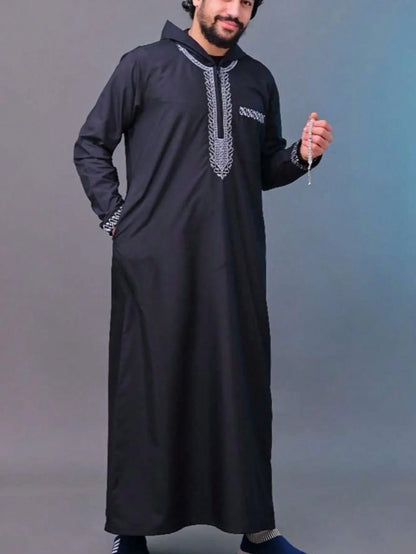 Marokkanische Robe mit Kapuze, luxuriöse Herren-Robe mit bestickten Ärmeln und langen Taschen, muslimisches Kleidungsstück, Abaya für den Nahen Osten, Juba Thobe-Robe
