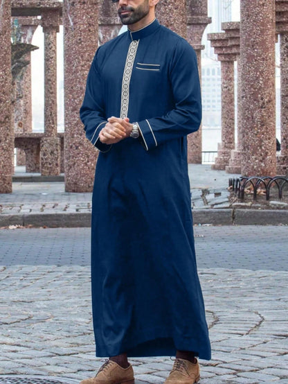 Islamischer muslimischer arabischer Herrenmantel mit langen Ärmeln und besticktem Stehkragen, arabischer Thobe für Männer
