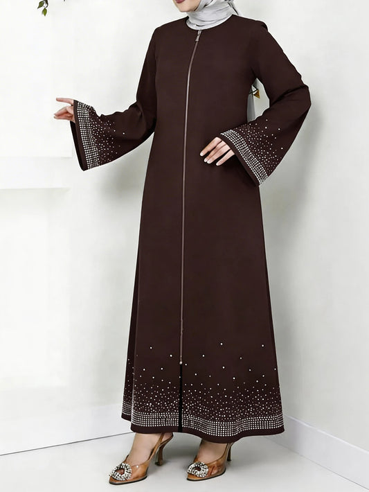Middle Eastern Arabian Women Elegant Dress Long Sleeve Star Rhinestone Loose Solid Color