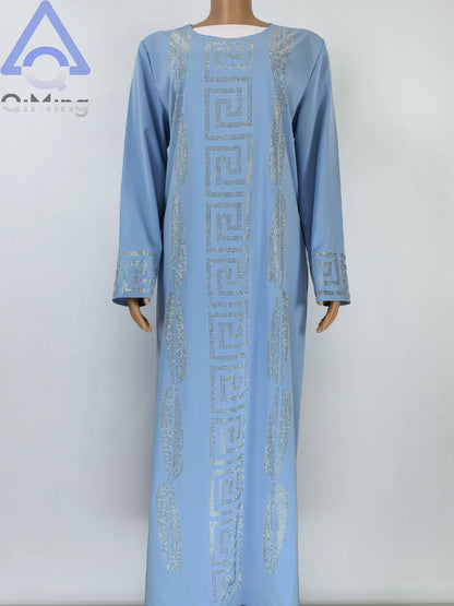 Frau Günstige Elegante Abaya Strass 2 Stück Afrikanische Traditionelle Muslimische Diamant Kleider Dubai Plus Größe Marocain Jalabiya Blaue Robe