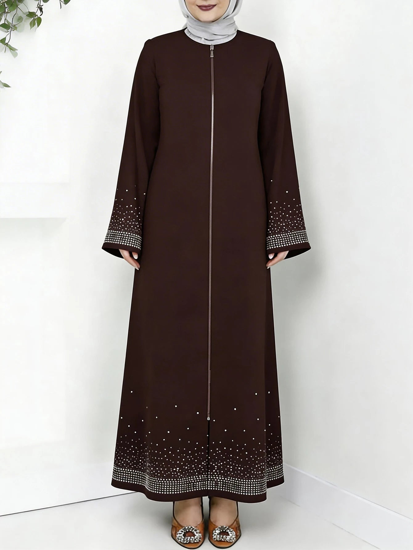 Middle Eastern Arabian Women Elegant Dress Long Sleeve Star Rhinestone Loose Solid Color