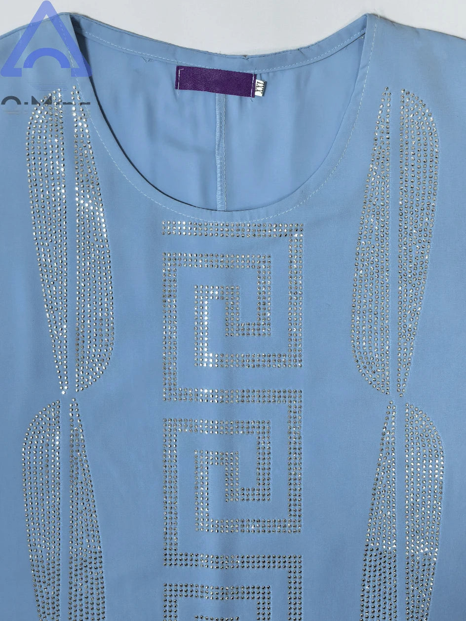 Frau Günstige Elegante Abaya Strass 2 Stück Afrikanische Traditionelle Muslimische Diamant Kleider Dubai Plus Größe Marocain Jalabiya Blaue Robe