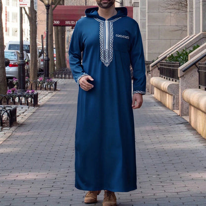 Marokkanische Robe mit Kapuze, luxuriöse Herren-Robe mit bestickten Ärmeln und langen Taschen, muslimisches Kleidungsstück, Abaya für den Nahen Osten, Juba Thobe-Robe