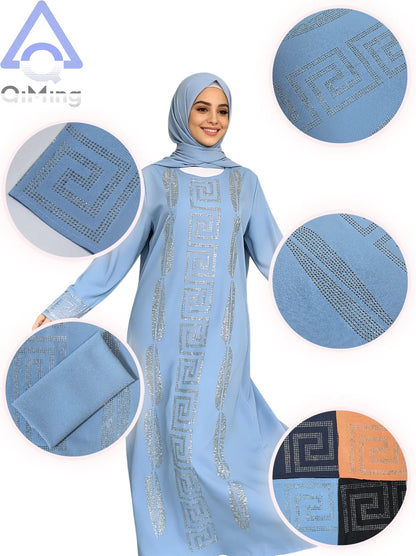 Frau Günstige Elegante Abaya Strass 2 Stück Afrikanische Traditionelle Muslimische Diamant Kleider Dubai Plus Größe Marocain Jalabiya Blaue Robe