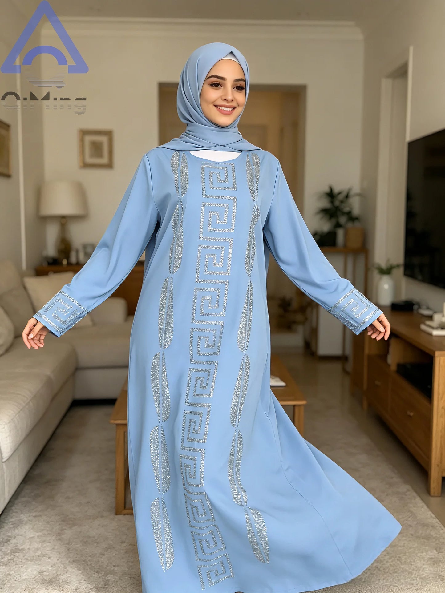 Frau Günstige Elegante Abaya Strass 2 Stück Afrikanische Traditionelle Muslimische Diamant Kleider Dubai Plus Größe Marocain Jalabiya Blaue Robe