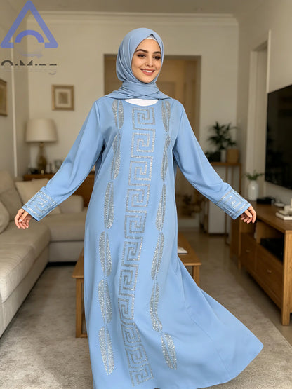 Frau Günstige Elegante Abaya Strass 2 Stück Afrikanische Traditionelle Muslimische Diamant Kleider Dubai Plus Größe Marocain Jalabiya Blaue Robe