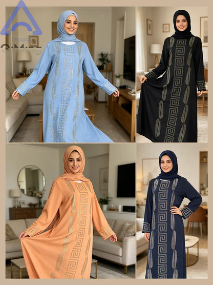 Frau Günstige Elegante Abaya Strass 2 Stück Afrikanische Traditionelle Muslimische Diamant Kleider Dubai Plus Größe Marocain Jalabiya Blaue Robe